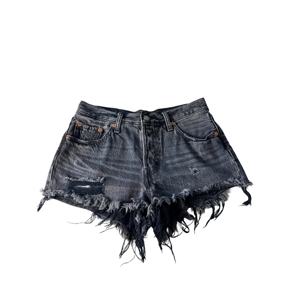 Levi's 501 Black Distressed Denim Shorts‎ Size 26 High Rise Cutoff Jean Casual